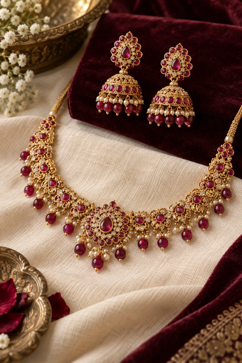 Gold-tone necklace and statement earrings with ruby-colored stones on wine velvet and ivory linen
