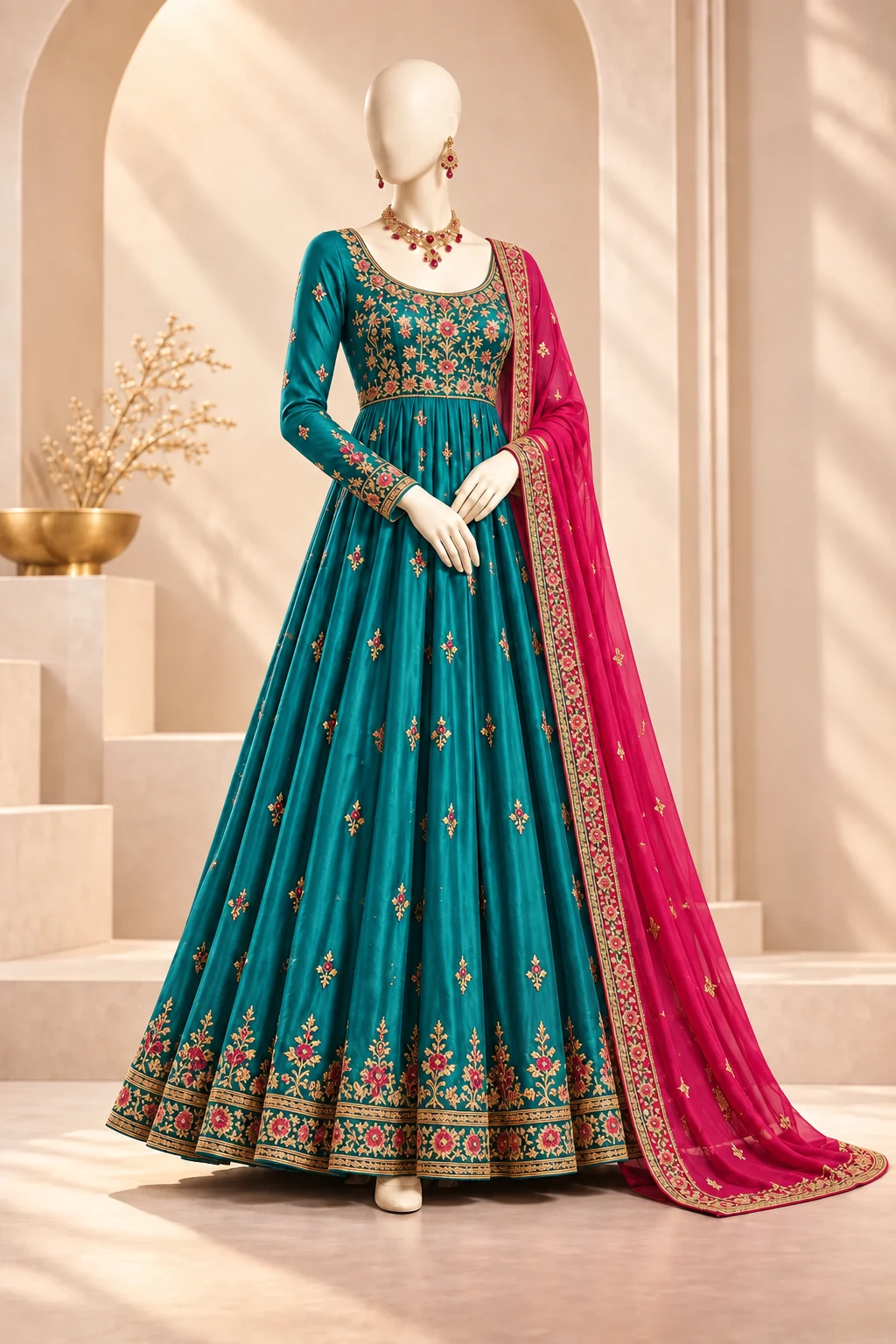 Ivory mannequin wearing a vibrant peacock-teal Indian dress, raspberry dupatta and warm gold embroidery and jewelry in a light ivory studio