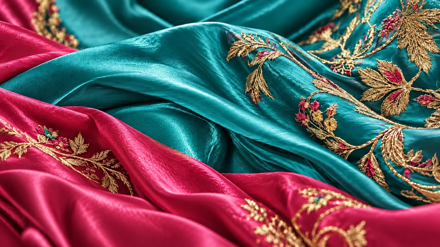 Close-up of vivid peacock-teal silk, raspberry fabric and warm gold botanical embroidery
