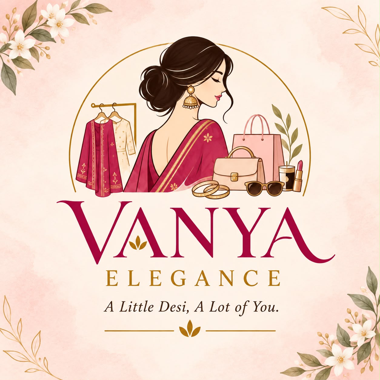 Vanya Elegance brand artwork with a woman in a raspberry sari, gold jewelry, floral details, and the tagline A Little Desi, A Lot of You